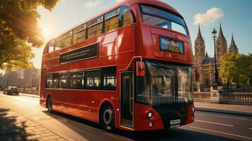 Red double decker bus in the London city photo