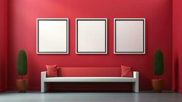 Modern art gallery interior with blank poster on wall. photo