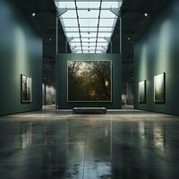 Modern art gallery interior with blank poster on wall. photo