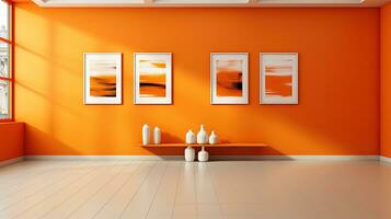 Modern art gallery interior with blank poster on wall. photo