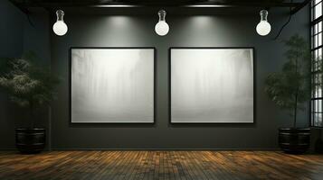 Modern art gallery interior with blank poster on wall. photo