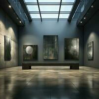 Modern art gallery interior with blank poster on wall. photo