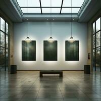 Modern art gallery interior with blank poster on wall. photo