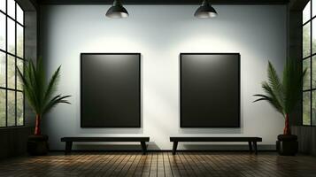 Modern art gallery interior with blank poster on wall. photo