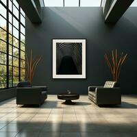 Modern art gallery interior with blank poster on wall. photo