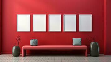 Modern art gallery interior with blank poster on wall. photo