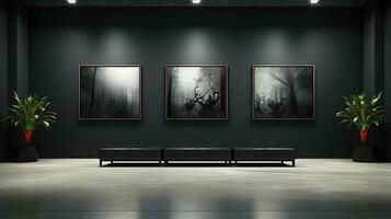 Modern art gallery interior with blank poster on wall. photo