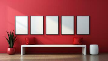 Modern art gallery interior with blank poster on wall. photo