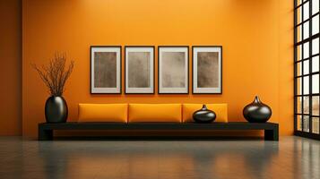 Modern art gallery interior with blank poster on wall. photo