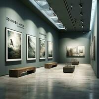 Modern art gallery interior with blank poster on wall. photo