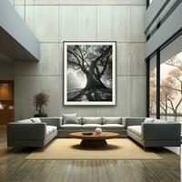 Modern art gallery interior with blank poster on wall. photo