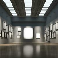 Modern art gallery interior with blank poster on wall. photo