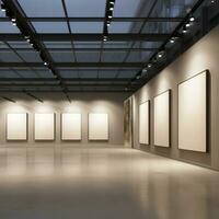 Modern art gallery interior with blank poster on wall. photo