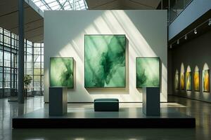 Modern art gallery interior with blank poster on wall. photo