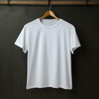 White t-shirt on wooden hanger, photo