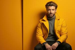 Handsome young man in a yellow coat on a yellow background photo