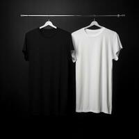 Black and white t-shirt on wooden hanger, photo