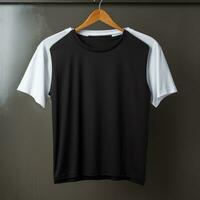 Black and white t-shirt on wooden hanger, photo