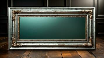 Old picture frame on a wooden floor in the interior. photo