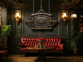 Red leather sofa and vintage signboard. photo