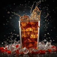 Cola with ice cubes and splash on a dark background photo