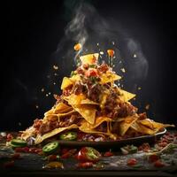 Mexican nachos with meat, cheese and vegetables on wooden table. photo
