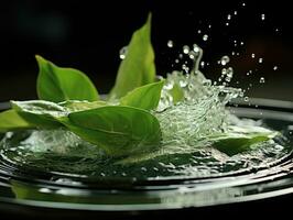 Water splash with green leaves photo