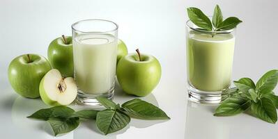 Apples, juice and basil leaves photo