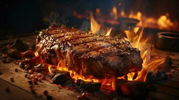 Grilled steak on a fire with flames and smoke photo