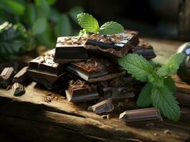 Chocolate with mint leaves on wooden table photo