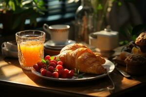 desayuno con café, croissants foto