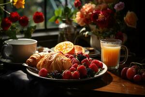 desayuno con café, croissants foto