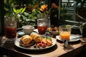 Breakfast with coffee, croissants photo