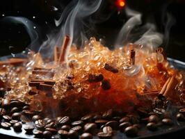 Coffee beans and cinnamon sticks on a black background with smoke. photo