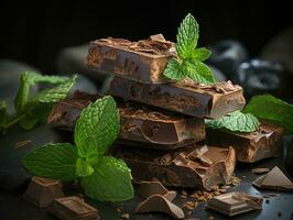 Chocolate with mint leaves on wooden table photo