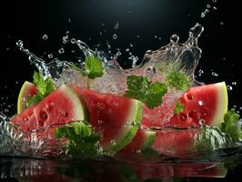 Watermelon slices with with water splashes photo