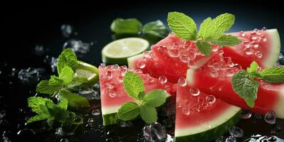 Watermelon slices with with water splashes photo