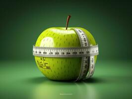 Green apple and measuring tape on green background. photo