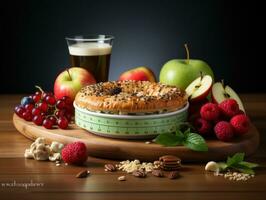 Donut, measuring tape and fresh fruits on wooden table. photo
