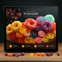 Box with delicious macaroons and candies photo
