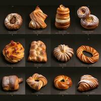 Collage of various types of buns and croissants photo