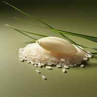 Rice grains and leaves on green background photo