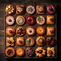 Assortment of donuts in wooden box on dark background, photo