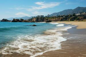 Beach view showing calm waves crashing on golden sand on a perfect summer day. View of the coastline in the town of Malibu, California. photo