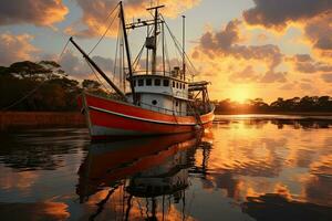 pescar barco en el agua a puesta de sol con un reflexión en agua y un hermosa cielo. dramático cielo y hermosa naturaleza fondo., maravilloso marina. foto