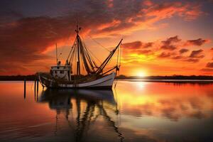 pescar barco en el agua a puesta de sol con un reflexión en agua y un hermosa cielo. dramático cielo y hermosa naturaleza fondo., maravilloso marina. foto