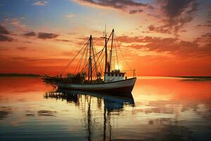 Fishing boat on the water at sunset with a reflection in water and a beautiful sky.  Dramatic sky and beautiful nature background., Wonderful seascape. photo