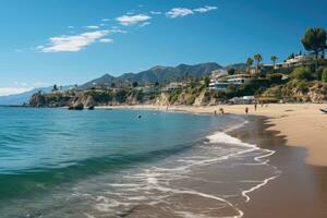 Beach view showing calm waves crashing on golden sand on a perfect summer day. View of the coastline in the town of Malibu, California. photo