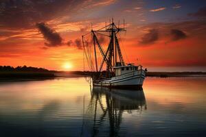 pescar barco en el agua a puesta de sol con un reflexión en agua y un hermosa cielo. dramático cielo y hermosa naturaleza fondo., maravilloso marina. foto