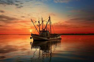 Fishing boat on the water at sunset with a reflection in water and a beautiful sky.  Dramatic sky and beautiful nature background., Wonderful seascape. photo